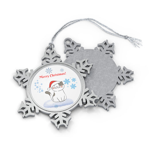 Pewter Snowflake Ornament with Merry Christmas Cat