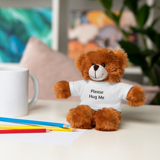 Stuffed Jaguar, Panda, Lion, Bear, Bunny,  or a Lamb with the sweet message, “Please Hug Me” on their cotton tees