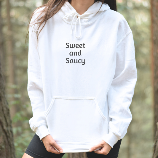 Hoodie for Women sports a “Sweet and Saucy” minimalist design.  Fun hoodie for that feisty woman.  Great gift for Yourself, Mom, Daughter, Grandma.  Warm and Comfy.