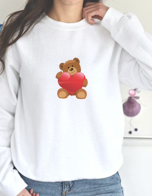 Valentines Sweatshirt with adorable Teddy Bear holding a heart,  Sweet gift for Wife, Mom, Daughter, Auntie, Grandma, Friend,  Warm and Comfy,