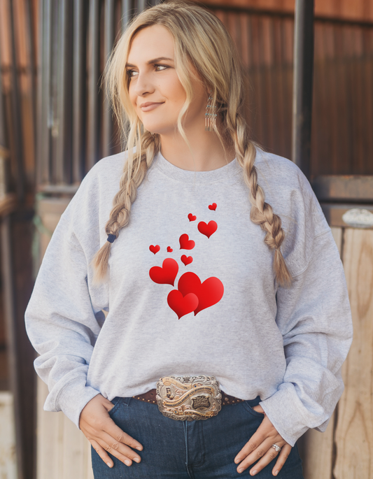 Valentines Day Sweatshirt for women, Red Hearst trailing from Big-Little, Fun, Warm and Comfy, Great gift for all the women in your life.